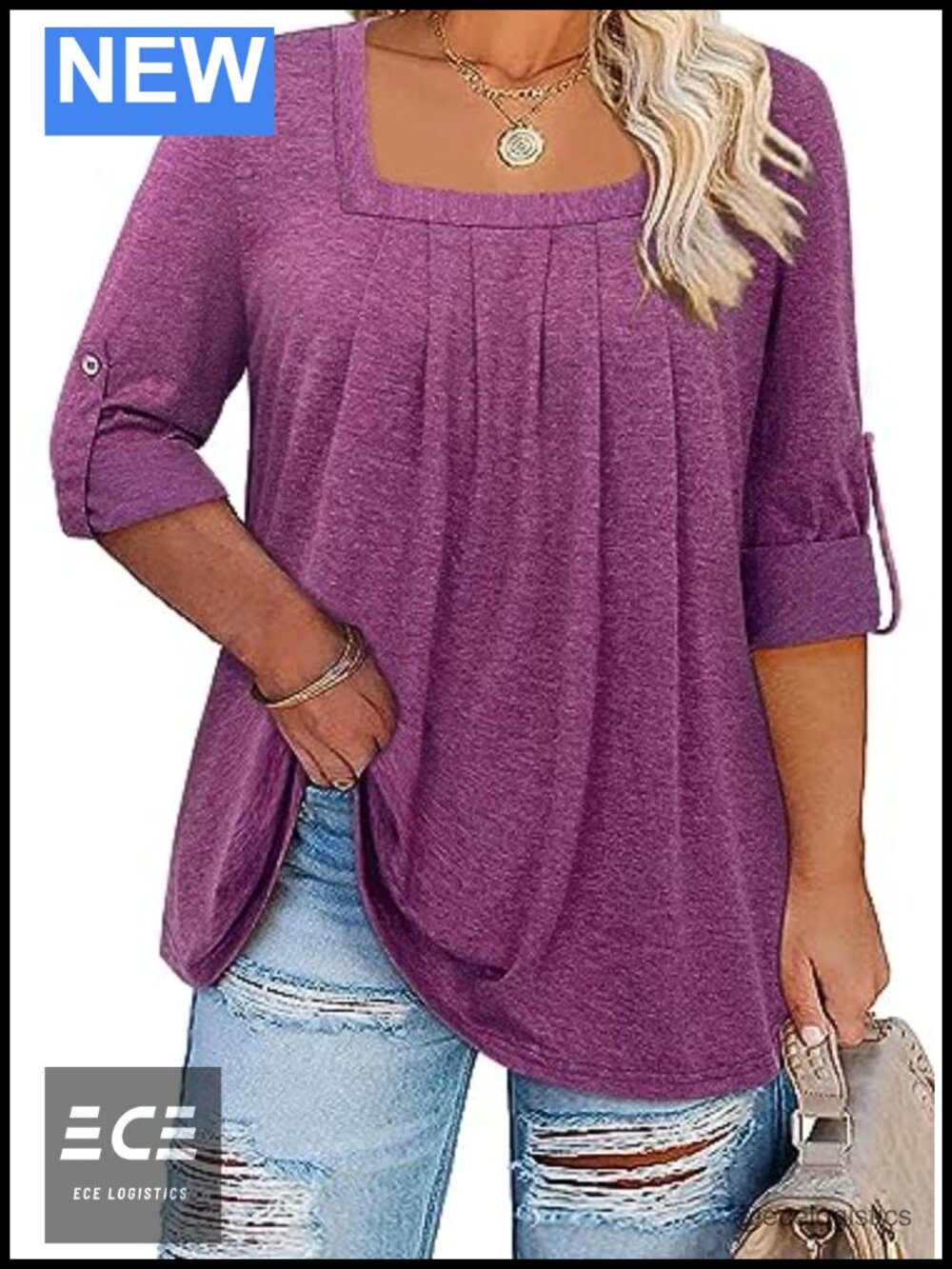 Plus Size Tunic Top 3/4 Rolled Sleeve Square Neck Loose Fit Blouse